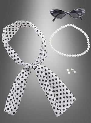 50er-Jahre-Kostüm-Set für Damen, bestehend aus einem gepunkteten Kopftuch, einer Perlenkette, passenden Perlenohrringen und einer schwarzen Cat-Eye-Sonnenbrille mit weißen Punkten, präsentiert vor grauem Hintergrund – das perfekte Accessoire-Ensemble für deine nächste 50er-Jahre-Mottoparty oder als stilvolles Rockabilly-Kostüm.