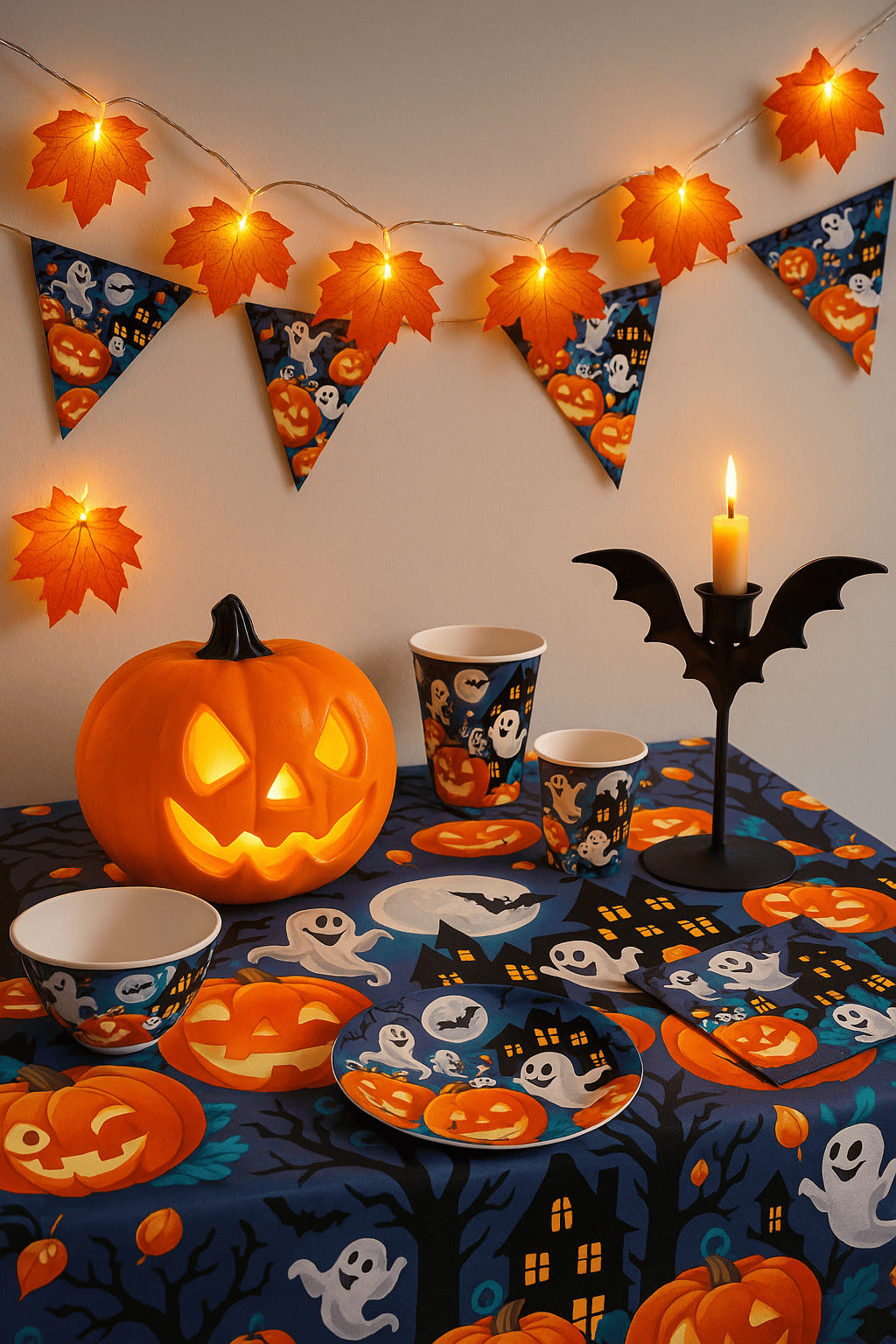 Ein Tisch im Halloween-Stil mit einem geschnitzten Kürbis, Geister- und Kürbistellern, Pappbechern, einem Kerzenhalter in Fledermausform sowie der „Herbst Deko Blättergirlande mit 20 LEDs, 285 cm“, kombiniert mit einer passenden Wimpelkette im Hintergrund – perfekt für eine gruselige Halloween-Dekoration und festliche Herbstdekoration.