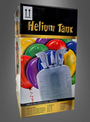 Ein Heliumkanister in einer Verpackung für ca. 30 Ballons, auf der bunte Ballons abgebildet sind, ergänzt durch eine Tabelle zum Befüllen mit Heliumgas mit Angaben zu Ballongrößen, Schwebedauer und Kompatibilitätsdetails sowohl für Folienballons als auch für Latexballons – ideal, um Ihren Bedarf an Heliumgas für Ballons bei jeder Feier bequem zu decken.