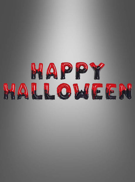 Der Folienballon mit dem Schriftzug „Happy Halloween“ besteht aus schwarzen und roten Ballons, die den Schriftzug „Happy Halloween“ bilden. Vor einem grauen Hintergrund mit Farbverlauf angeordnet, ergibt sich ein auffälliges Banner, das sich perfekt für Ihre Halloween-Dekoration eignet.