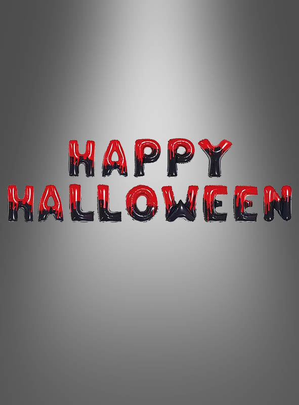 Der Folienballon mit dem Schriftzug „Happy Halloween“ besteht aus schwarzen und roten Ballons, die den Schriftzug „Happy Halloween“ bilden. Vor einem grauen Hintergrund mit Farbverlauf angeordnet, ergibt sich ein auffälliges Banner, das sich perfekt für Ihre Halloween-Dekoration eignet.