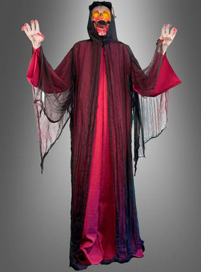 Eine als „Riesiger schwankender Dämon 210 cm“ verkleidete Animatronik-Figur – in einem schwarz-roten Kapuzengewand mit einer furchterregenden Maske, langen Ärmeln, erhobenen Händen und dramatischer Beleuchtung vor einem grauen Hintergrund mit Farbverlauf – ideal als gruselige Halloween-Dekoration oder eindrucksvolle schwankende Dämon-Animatronik.