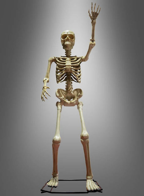 Das gigantische Skelett „Big Bone“ (335 cm) steht aufrecht auf einem Sockel, mit erhobenem rechten Arm und gesenktem linken Arm, vor einem grauen Hintergrund – ideal als Halloween-Dekoration oder XXL-Skelett für spektakuläre Effekte.