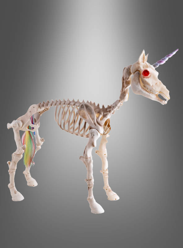 Das „Einhorn-Skelett 60 cm mit Ton und Licht“ mit einem violetten Horn, roten Augen und einem bunten Schwanz wird vor einem grauen Hintergrund mit Farbverlauf präsentiert – und ist damit ein auffälliges Halloween-Dekorationselement oder eine zauberhafte Dekoration für jeden festlichen Anlass.
