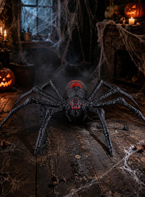 Eine große schwarze Spinne mit roten Flecken auf dem Rücken sitzt auf einem Holzboden in einem schummrigen Raum, der mit Spinnweben, Kerzen und geschnitzten Kürbissen geschmückt ist und so die perfekte Halloween-Dekoration bildet. Die „Terror Spinne 70 cm Tarantula mit Licht & Ton“ verleiht der gruseligen Atmosphäre eine lebendige, unheimliche Note.