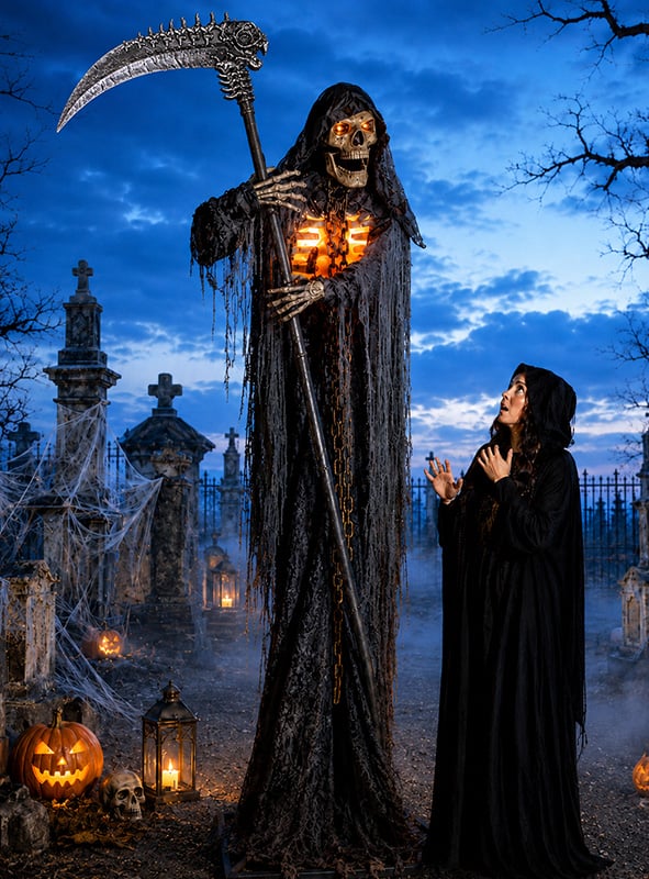 Eine Frau in einem schwarzen Umhang steht nachts auf einem Friedhof und blickt zu der „Gigantischen Tod 300 cm Animatronic-Figur XXL“ empor – einer hoch aufragenden Gestalt mit leuchtender Brust und Schädel, die unheilvoll eine riesige Sense umklammert.