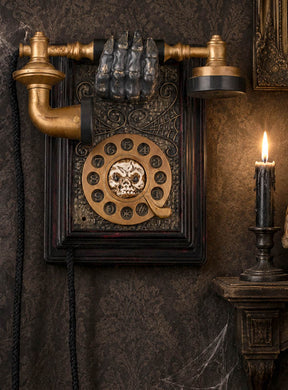 Das „Geister-Telefon“ – eine animierte 20-cm-Halloween-Dekoration – besteht aus einem Wandtelefon im Vintage-Stil mit Wählscheibe, goldenen Akzenten und einer Tierpfote als Hörer. das an einer dunklen, verzierten Wand neben einer brennenden schwarzen Kerze angebracht ist, bildet eine auffallend gruselige Wanddekoration – ideal als animiertes Geistertelefon oder Telefon-Halloween-Dekoration für Ihr Spukhaus.