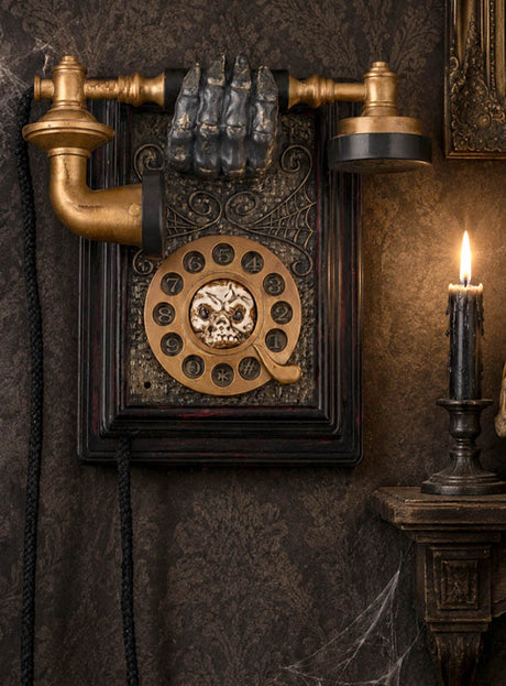 Das „Geister-Telefon“ – eine animierte 20-cm-Halloween-Dekoration – besteht aus einem Wandtelefon im Vintage-Stil mit Wählscheibe, goldenen Akzenten und einer Tierpfote als Hörer. das an einer dunklen, verzierten Wand neben einer brennenden schwarzen Kerze angebracht ist, bildet eine auffallend gruselige Wanddekoration – ideal als animiertes Geistertelefon oder Telefon-Halloween-Dekoration für Ihr Spukhaus.