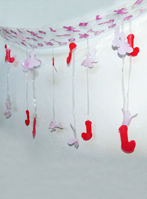 Verschönern Sie Ihre Feierlichkeiten mit der „Bachelorparty JGA Penis-Deko“ – einem verspielten Banner mit hängenden rosa und roten Plastikfiguren in Penis- und Hasenform, die an durchsichtigen Bändern befestigt sind und sich ganz einfach an einer weißen Decke anbringen lassen – ideal als Junggesellinnenabschied-Deko oder lustige Penis-Dekoration für jede Junggesellinnen- oder Junggesellenparty.