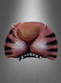 Tigernase – Kunststoffmaske in Form einer Tigernase und eines Tigermauls mit schwarzen Streifen, weißen Zähnen und Gummibändern; ideal für Wildkatzen-Kostüme oder als Accessoire für ein Dschungel-Tiger-Kostüm, abgebildet vor einem grauen Hintergrund mit Farbverlauf.