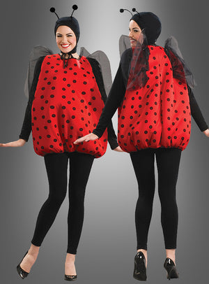 Zwei Frauen tragen das „Klassik Marienkäfer“-Kostüm mit schwarzen Antennen-Kopfbedeckungen, Flügeln aus Netzstoff und roten, schwarz gepunkteten, gepolsterten Oberteilen über schwarzen Tops, Leggings und High Heels und stehen vor einem grauen Hintergrund – eine fröhliche Idee für ein Karnevals-Gruppenkostüm für Freundinnen, die ihren Look stilvoll aufeinander abstimmen möchten.