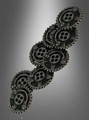 Eine Ansammlung sich überlappender schwarzer Metallzahnräder, inspiriert von den Steampunk-Zahnradknöpfen, ist diagonal vor einem grau verlaufenden Hintergrund angeordnet.