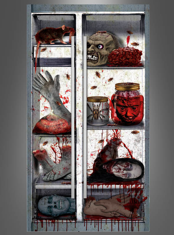 Verwandeln Sie Ihre Küche mit der Kühlschrank-Halloween-Dekoration (76 x 160 cm) in eine gruselige Kulisse – eine realistische Kühlschrankfolie mit abgetrennten Körperteilen, einer Ratte, Gläsern mit Gesichtern, Insekten, Blut und blutigen Details –, die sich perfekt als gruselige Halloween-Dekoration eignet oder mit dieser unheimlichen Halloween-Dekofolie jedes Haushaltsgerät im Handumdrehen verwandelt.