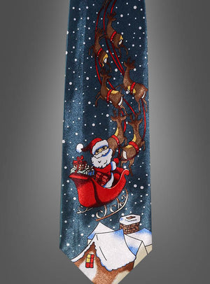 Ein festliches „Weihnachtsfest edle Krawatte Satin“-Motiv, das den Weihnachtsmann in einem von Rentieren gezogenen Schlitten zeigt, der in einer verschneiten Nacht über die schneebedeckten Dächer schwebt.
