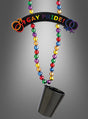 Wir präsentieren die CSD-Schnapsglas-Kette „Gay Pride“! – eine farbenfrohe Halskette mit Regenbogenperlen, einem auffälligen „Gay Pride!“-Schriftzug, männlichen und weiblichen Symbolen sowie einem kleinen schwarzen Plastik-Schnapsglas, das unten angebracht ist. Diese auffällige Regenbogenkette ist das perfekte Accessoire, um bei den Paraden und Feierlichkeiten zum Christopher Street Day deine Unterstützung zu zeigen.