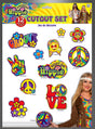 Ein Set aus 12 farbenfrohen Wanddekorations-Ausschnitten mit Hippie-Symbolen aus den 70ern, darunter Peace-Zeichen, Blumen und Sprüche wie „Groovy“, „Love“, „Hippie“ und „Right On“ – sowie eine kostümierte Frau in der rechten unteren Ecke – ideal, um Ihrer Feier authentisches Hippie-Flair zu verleihen.