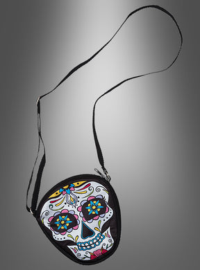 Zeige deinen Stil mit der Halloween-Handtasche „Tag der Toten“ (20 x 20 cm) – einer kompakten Umhängetasche mit einem farbenfrohen Sugar-Skull-Motiv auf einem eleganten grauen Hintergrund mit Farbverlauf. Sie ist das perfekte Accessoire, um dein mexikanisches Kostüm für den Tag der Toten abzurunden!.
