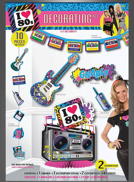 Verleihen Sie Ihrer Party mit dem 80er-Jahre-Deko-Set (10 Teile) das gewisse Etwas – dieses farbenfrohe Set enthält bunte Ausschnitte von Kassetten, einer Gitarre, einem „Gnarly“-Spritzbild, einer Boombox und einer Figur in Retro-Mode der 80er Jahre. Alle 10 Teile sind auf weißem Hintergrund abgebildet und eignen sich perfekt, um bei Ihrer nächsten Veranstaltung die ultimative 80er-Jahre-Dekoration zu gestalten.