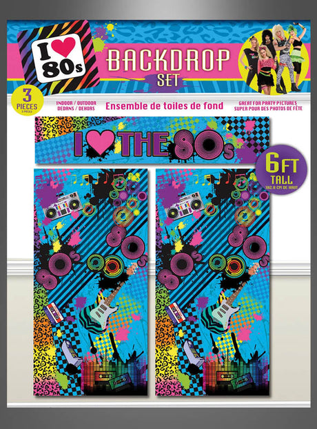 Das „80er-Jahre-Party-Fotowand-Hintergrund-Set (152 cm)“ umfasst drei farbenfrohe Hintergründe mit Neonmustern, Musiksymbolen, Gitarren und Kassetten; jedes Teil ist 152 cm hoch – perfekt als farbenfrohe 80er-Jahre-Partydekoration für Ihre Partyfotos.