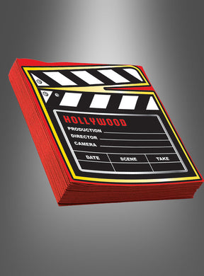 Ein Stapel „Hollywood Serviette“ (16 Stück) mit roten Rändern und in Form einer Filmklappe, mit Feldern für Produktion, Regisseur, Kamera, Datum, Szene und Take. Perfekt als lustiges Accessoire oder Andenken für Ihre nächste Filmparty.
