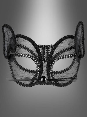 Schwarze Katzenaugenmaske mit aufwendiger schwarzer Spitze, Katzenohren und Schnurrhaardetails, inspiriert von der klassischen schwarzen Katzenmaske, dargestellt vor einem grauen Hintergrund mit Farbverlauf. Diese elegante Maske eignet sich perfekt für jeden Maskenball oder einen geheimnisvollen Abend.