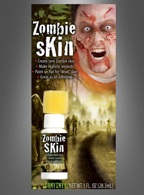 Eine Flasche mit der Aufschrift „Falsche Haut Flüssiglatex zum Wunden schminken“ und einem gelben Schwamm; auf der Verpackung ist eine Person mit Zombie-Make-up abgebildet und es enthält eine klare Anleitung zum Erzeugen von zerrissener Zombie-Haut und realistischen Wunden – ein unverzichtbares Horror-Make-up-Set, um sich in den ultimativen Untoten zu verwandeln.