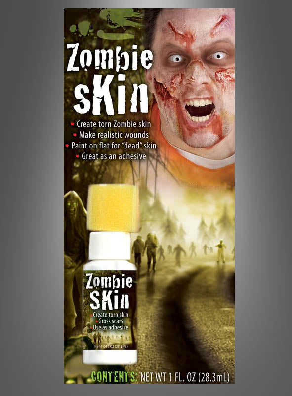 Eine Flasche mit der Aufschrift „Falsche Haut Flüssiglatex zum Wunden schminken“ und einem gelben Schwamm; auf der Verpackung ist eine Person mit Zombie-Make-up abgebildet und es enthält eine klare Anleitung zum Erzeugen von zerrissener Zombie-Haut und realistischen Wunden – ein unverzichtbares Horror-Make-up-Set, um sich in den ultimativen Untoten zu verwandeln.