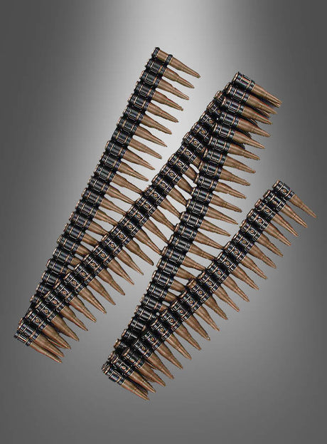 Drei miteinander verbundene Patronengurte für Helden und Ganoven sind diagonal auf einem grau abgestuften Hintergrund angeordnet und eignen sich somit perfekt als Accessoire für Steampunk-Helden oder Karnevalskostüme.