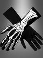 Ein Paar „Schwarze Skeletthandschuhe für Erwachsene S-M“ – lange schwarze Handschuhe mit weißen Skelettmotiven, die die Knochen der Hand und des Unterarms darstellen und auf der Oberseite vor einem Farbverlaufshintergrund aufgedruckt sind – perfekt, um jedes Skelettkostüm zu vervollständigen.