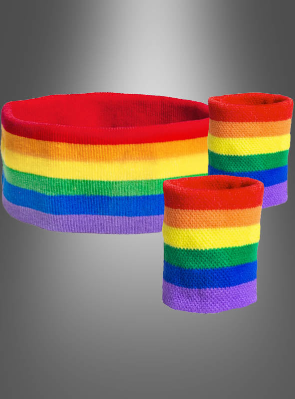 Ein regenbogenfarben gestreiftes Stirnband und zwei passende Armbänder aus dem Schweißband-Set „Regenbogen CSD“ sind vor einem grauen Hintergrund mit Farbverlauf abgebildet – ideale Accessoires für Feierlichkeiten beim Pride-Festival oder am Christopher Street Day.