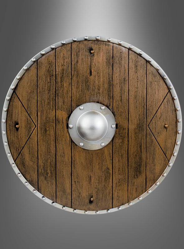 Der „Rundschild 40 cm in Holzoptik“ ist ein runder Holzschild mit Metallrand und zentraler Metallnabe, der sich durch vertikale Holzplanken in authentischer Holzoptik und metallische Nieten am Rand auszeichnet und an einen traditionellen Wikingerschild erinnert; er ist vor einem grauen Hintergrund mit Farbverlauf abgebildet.