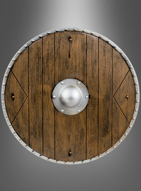 Der „Rundschild 40 cm in Holzoptik“ ist ein runder Holzschild mit Metallrand und zentraler Metallnabe, der sich durch vertikale Holzplanken in authentischer Holzoptik und metallische Nieten am Rand auszeichnet und an einen traditionellen Wikingerschild erinnert; er ist vor einem grauen Hintergrund mit Farbverlauf abgebildet.