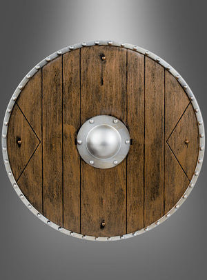 Der „Rundschild 40 cm in Holzoptik“ ist ein runder Holzschild mit Metallrand und zentraler Metallnabe, der sich durch vertikale Holzplanken in authentischer Holzoptik und metallische Nieten am Rand auszeichnet und an einen traditionellen Wikingerschild erinnert; er ist vor einem grauen Hintergrund mit Farbverlauf abgebildet.