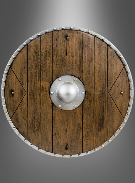 Der „Rundschild 40 cm in Holzoptik“ ist ein runder Holzschild mit Metallrand und zentraler Metallnabe, der sich durch vertikale Holzplanken in authentischer Holzoptik und metallische Nieten am Rand auszeichnet und an einen traditionellen Wikingerschild erinnert; er ist vor einem grauen Hintergrund mit Farbverlauf abgebildet.
