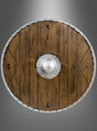 Der „Rundschild 40 cm in Holzoptik“ ist ein runder Holzschild mit Metallrand und zentraler Metallnabe, der sich durch vertikale Holzplanken in authentischer Holzoptik und metallische Nieten am Rand auszeichnet und an einen traditionellen Wikingerschild erinnert; er ist vor einem grauen Hintergrund mit Farbverlauf abgebildet.