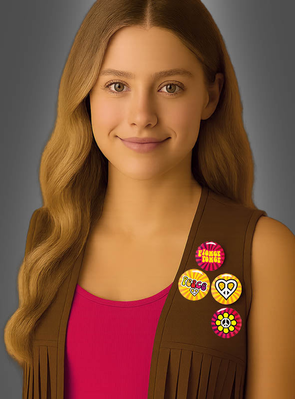 Eine junge Frau mit langen blonden Haaren, die eine braune Weste trägt, die mit dem „Hippie Buttons zum Anstecken 4er-Set“ verziert ist, und darunter ein rosa Oberteil, posiert vor einem grauen Hintergrund.