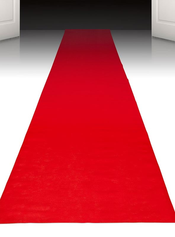 Ein langer, 450 cm breiter „Roter Teppich“ für VIP-Partys erstreckt sich von einer offenen Tür bis hin zu einem dunklen Hintergrund und bildet die perfekte Kulisse für jede glamouröse Hollywood-Mottoparty oder VIP-Partydekoration.