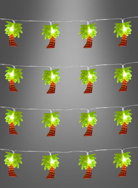 Die „Lichterkette 140 cm Palmen Sommerparty“ besteht aus abwechselnd leuchtenden grünen Palmblättern und roten, strumpfförmigen Ornamenten, die in vier horizontalen Reihen auf grauem Hintergrund angeordnet sind – perfekt als Palmen-Lichterkette oder LED-Lichterkette für Ihre nächste Hawaii-Party-Dekoration.