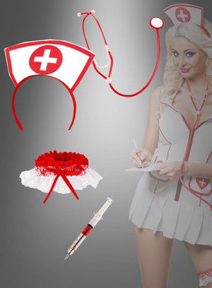 Eine Frau, die das Krankenschwester-Zubehörset trägt – bestehend aus einem kurzen Krankenschwesterkostüm, einer passenden Haube, einem Stethoskop, einem rot-weißen Strumpfband und einer Spielzeugspritze –, steht und schreibt auf ein Klemmbrett; die ideale Wahl für jedes Ärzte-Party-Zubehör oder jedes Krankenschwester-Party-Set.