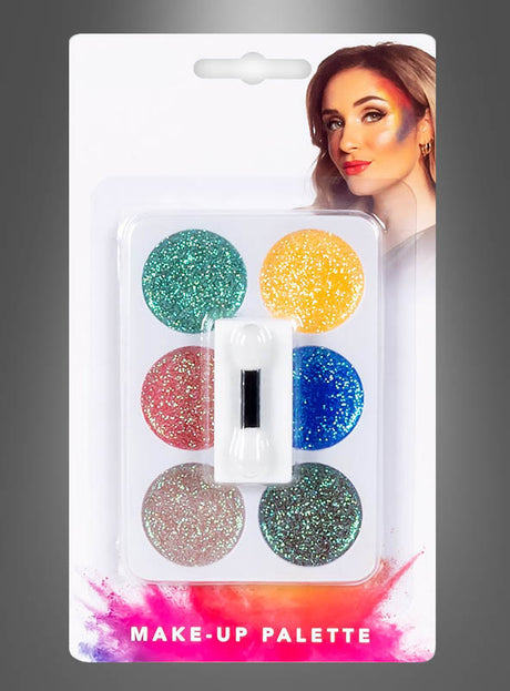 Ein verpacktes Glitzer-Schminke-Set, ideal als glitzerndes Make-up-Set, enthält sechs glitzernde Farben und einen kleinen Applikator. Auf der Verpackung ist eine Frau abgebildet, die ein buntes Karnevals-Schmink-Set im Gesicht trägt.