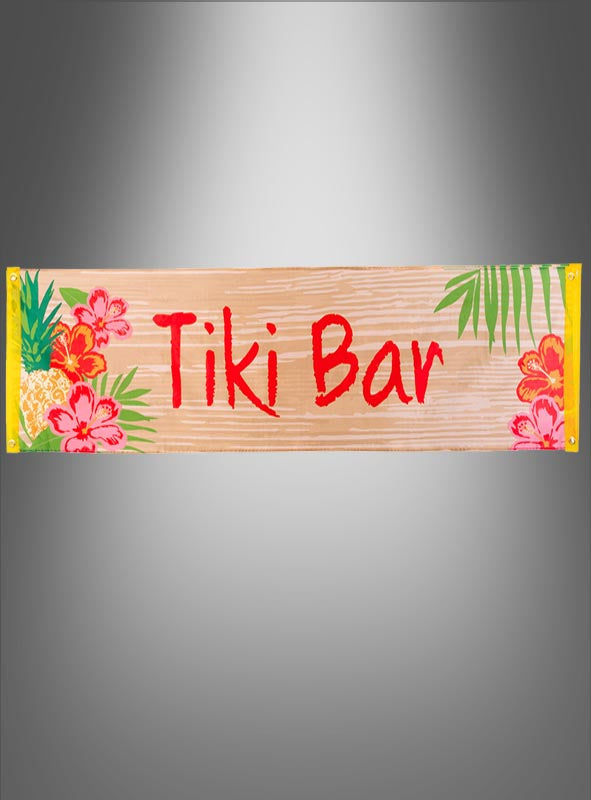 Das Partybanner „Tiki Bar“ (150 x 50 cm) zeigt den Schriftzug „Tiki Bar“ in kräftigen roten Buchstaben, verziert mit leuchtenden tropischen Blumen, üppigem Blattwerk und einer Ananas vor einem Holzhintergrund – ideal als Sommerparty-Dekoration oder um Ihrer Veranstaltung eine authentische Hawaii-Party-Atmosphäre zu verleihen.