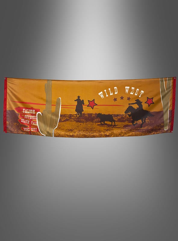 Das Partybanner „Wild West“ (220 × 74 cm) besticht durch ein farbenfrohes Wild-West-Motiv mit Silhouetten von Cowboys zu Pferd, Kakteen und Sternen sowie den Aufschriften „SALOON“, OUTPOST, DEAD FALL, GHOST CITY und WILD WEST – die ideale Western-Dekoration für Ihre Cowboy-Mottoparty.