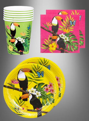 Sommerparty-Pappgeschirr-Set, 24-teilig, Tukane – Papierbecher, Teller und Servietten mit tropischem Tukan-, Blumen- und Schmetterlingsmotiv auf grauem Farbverlaufshintergrund – ideal als tropische Partydekoration oder Strandparty-Geschirr für deine nächste Sommerfeier.