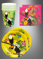 Sommerparty-Pappgeschirr-Set, 24-teilig, Tukane – Papierbecher, Teller und Servietten mit tropischem Tukan-, Blumen- und Schmetterlingsmotiv auf grauem Farbverlaufshintergrund – ideal als tropische Partydekoration oder Strandparty-Geschirr für deine nächste Sommerfeier.
