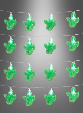 Vier Reihen kaktusförmiger Lichterketten, genannt „LED-Lichterkette 140 cm Kaktus“, leuchten in leuchtendem Grün vor einem grauen Hintergrund mit Farbverlauf – ideal, um jedem Ambiente einen Hauch von Western-Deko-Charme zu verleihen.