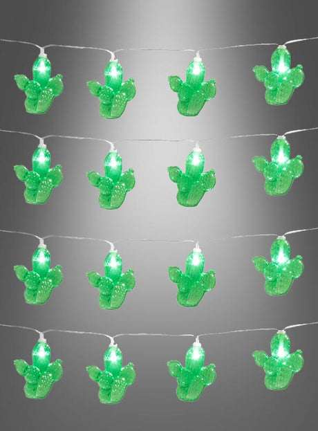 Vier Reihen kaktusförmiger Lichterketten, genannt „LED-Lichterkette 140 cm Kaktus“, leuchten in leuchtendem Grün vor einem grauen Hintergrund mit Farbverlauf – ideal, um jedem Ambiente einen Hauch von Western-Deko-Charme zu verleihen.