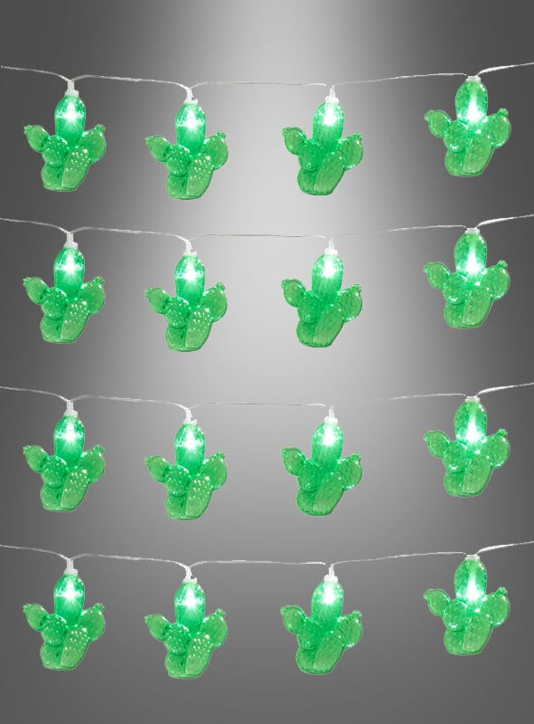 Vier Reihen kaktusförmiger Lichterketten, genannt „LED-Lichterkette 140 cm Kaktus“, leuchten in leuchtendem Grün vor einem grauen Hintergrund mit Farbverlauf – ideal, um jedem Ambiente einen Hauch von Western-Deko-Charme zu verleihen.