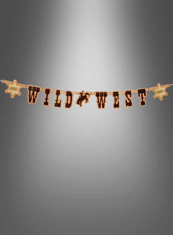 Die Girlande „Wild West“ (110 cm) zeigt Sheriff-Abzeichen und die Buchstaben „WILD WEST“ sowie eine Cowboy-Silhouette in der Mitte vor einem grauen Hintergrund – damit ist sie die perfekte Wild-West-Dekoration und eine auffällige Western-Girlande für Ihre Cowboy-Party.