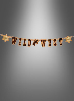 Die Girlande „Wild West“ (110 cm) zeigt Sheriff-Abzeichen und die Buchstaben „WILD WEST“ sowie eine Cowboy-Silhouette in der Mitte vor einem grauen Hintergrund – damit ist sie die perfekte Wild-West-Dekoration und eine auffällige Western-Girlande für Ihre Cowboy-Party.