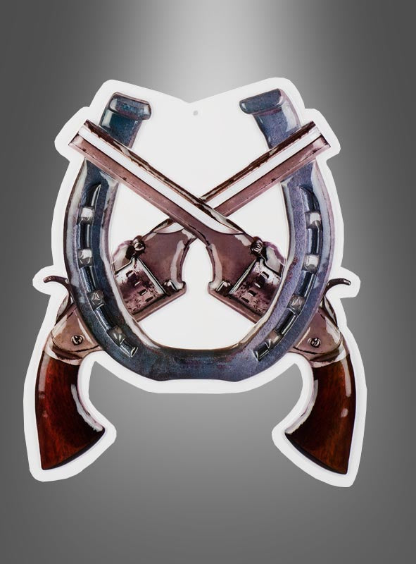 Mit zwei gekreuzten Revolvern in einem aufrecht stehenden Hufeisen vor einem grau verlaufenden Hintergrund eignet sich die Wild-West-Wanddekoration „Revolver & Hufeisen“ perfekt als auffällige Hufeisen-Wanddekoration oder Cowboy-Dekoration für Ihren Raum.